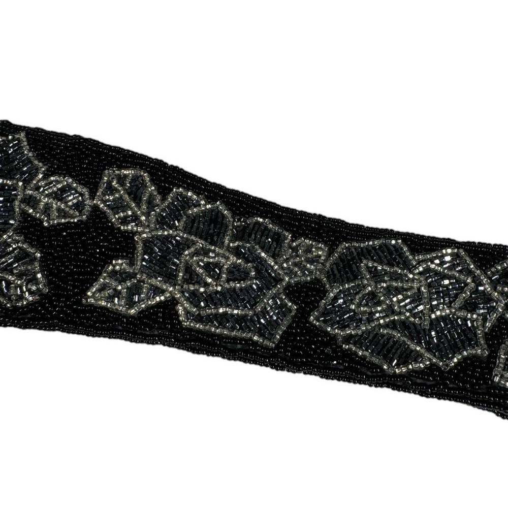 Vintage Nordstrom Black Beaded Floral Belt One Size Waist Embellished Boho Fairy - Picture 3 of 6